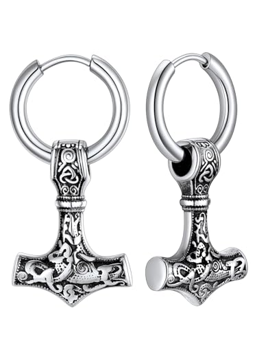 Supcare Herren Ohrringe Viking Thors Hammer Ohrhänger Ohrringe für Herren Edelstahl Ohrring Punk Thorshammer Creolen Hängeohrringe Wikinger Keltisch Mjölnir Ohr Piercing Ohrschmuck für Halloween von Supcare