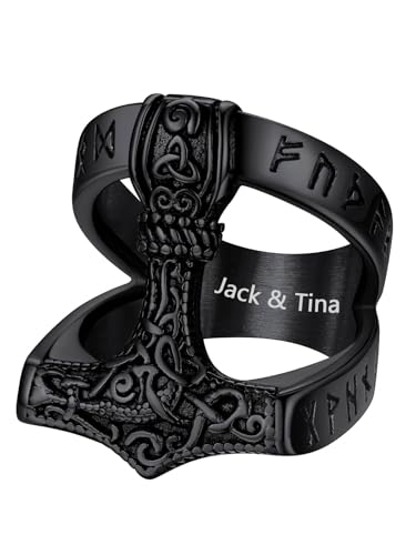 Supcare Herren Ring Edelstahl Thors Hammer Ring mit Gravur Viking Rune Fingerring Punk Schwarz Siegelring mit Keltischer Knot Bandring Mjölnir Statement Ring Gravur Modeschmuck für Jahrestag von Supcare