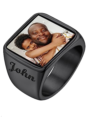 Supcare Herren Ring Schwarz Quadrat personalisierter Ring mit Foto Text Damen Siegelring Bandring Gravur Memorial Souvenir Fingerring Modeschmuck Accessoire für Muttertag Vatertag von Supcare