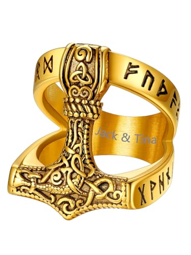 Supcare Herren Ringe Gold Viking Rune Ring Edelstahl Herren Thors Hämmer Ring Gravur Fingerring Wikinger Schmuck Siegelring Statement Ring Keltischer Knot Personalisiert Modeschmuck für Opa von Supcare