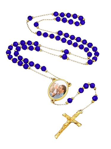 Supcare Herrenkette Gebetskette für Männer Rosenkranz Katholische Halskette mit Foto Text 6mm Blau Diamant Fotokette Gravur Jesus Kreuzkette Kruzifix Ovalanhänger Religion Modeschmuck für Gläubige von Supcare