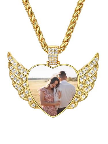 Supcare Herzkette für Männer Halskette mit Flügel Kette mit Gravur Text Fotokette Herz Anhänger mit Bilder Photo Pendant Necklace Womens Goldkette Kettenanhänger Personalisiert Schmuck für Lieber von Supcare