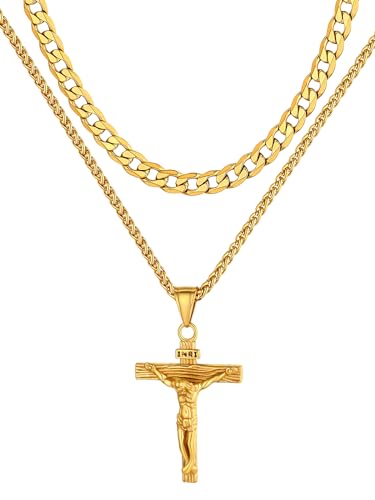 Supcare INRI Jesus Kette für Herren Damen Kreuzketten Gold 2Pcs Layered Halskette Anhänger Doppelkette Herrenschmuck Cross Necklace Katholizismus Kreuzanhänger Accessories Personalisiert Modeschmuck von Supcare