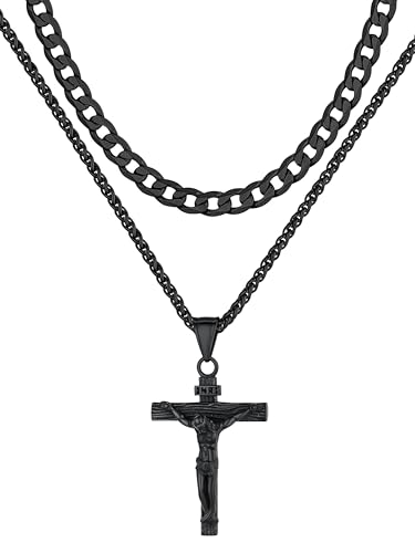 Supcare Jungen 2Pcs Layered Halskette mit Kreuz Anhänger INRI Jesus Kette Kreuz Doppelkette Kreuzkette Kettenanhänger Layer Cross Necklace Religion Kette Choker Glauben Kette Modeschmuck für Vatertag von Supcare