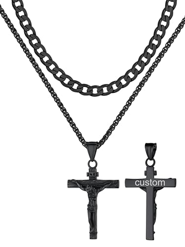 Supcare Jungen 2Pcs Layered Halskette mit Kreuz Anhänger INRI Jesus Kette Kreuz Doppelkette Kreuzkette Kettenanhänger Religionkette Gravur Layer Cross Necklace Choker Punk Modeschmuck für Vatertag von Supcare