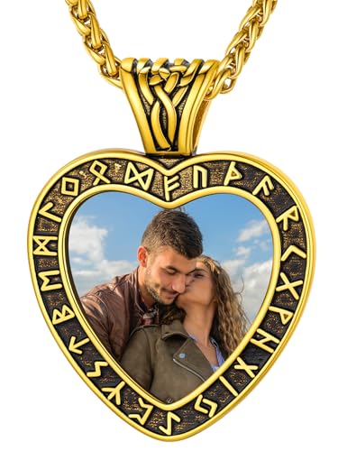 Supcare Kette Damen Herz Fotokette mit Luhn Rune Halskette Edelstahl Herzkette Bilder Anhänger Kette Gravur Fotoanhänger Goldkette Damenschmuck Memorial Kettenanhänger Modeschmuck für Schwester von Supcare