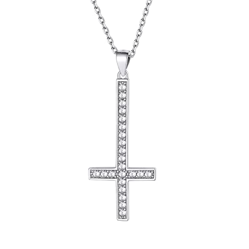 Supcare S925 Talisman Kette für Herren Damen Umgedrehtes Kruzifix Halskette Satan Kreuz Ketteanhänger Petruskreuz Anhänger mit weißer Zirkonia Cross Necklace Katholizismus Schmuck für Geburtstag von Supcare