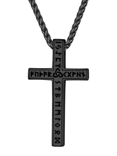Supcare Kette Schwarz Herren Kreuzkette mit Luhn Rune Halskette Edelstahl Jungen Kreuz Anhänger Kette Wikinger Kettenanhänger Amulett Kette mit Kreuz Nodisch Kruzifix Anhänger Schwarz Modeschmuck von Supcare