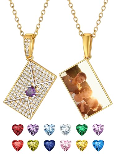 Supcare Gold Kette mit Foto, Geburtsstein-Halskette mit Bild, Damen-Halskette mit Umschlaganhänger, Fotokette CZ Envelope Umschlagkette, Personalisierter Schmuck für Jahrestag von Supcare