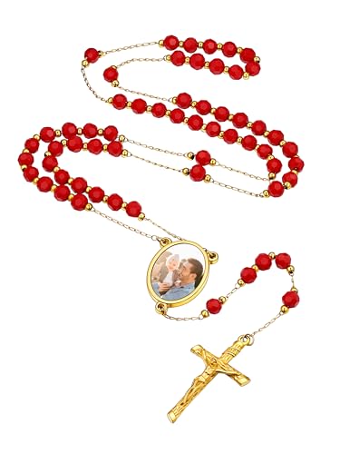 Supcare Ketten für Herren Männerschmuck Gebetskette mit Foto Text Fotokette Gravur Rosenkranz Katholische Halskette Rot Diamant Jesus Kreuzkette Kruzifix Anhänger Personalisiert Modeschmuck für Opa von Supcare