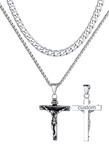 Supcare Kreuz Kette Herren Männer INRI Jesus Kette Kreuz Anhänger Kette Gravur Weizenkette 2Pcs Layered Halskette Kreuzkette Doppelkette Cross Necklace Kruzifix Kette Kreuzanhänger Schmuck für Vati von Supcare