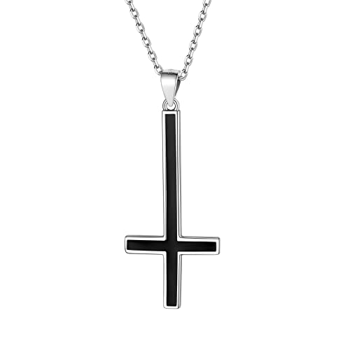 Supcare Schwarz Epoxy Satan Anhänger mit umgekehrtem Kreuz Halskette 925 Kette Jungen Petruskreuz Anhänger Kreuz Umkehrung Kette Upside Down Cross Necklace Kruzifixkette Modeschmuck für Halloween von Supcare