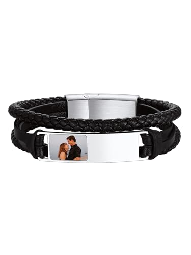 Supcare Männer Armband mit Gravur Lerderarmband Leder Armreif Schwarz 21cm Lederband für Herren geflochten Breites Wickelarmband mit Edelstahl Magnet Verschluss Personalisiert Modeschmuck für Opa von Supcare