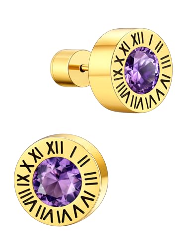 Supcare Männer Ohrringe Gold Coole Ohrringe Creolen Huggie Römisch Ziffer Ohrstecker mit Geburtsstein Amethyst Ohrring Stud Earring Edelstahl Ohrringe Ohrschmuck Ohr Piercing Schmuck für Vater von Supcare