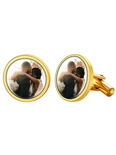 Supcare Manschettenknöpfe Herren Personalisiert Foto Männer Hemd Anzug Zubehören 18k vergoldet Mode Schmuck Klassisch Rund Cufflinks für Vatertag Weihnacht B.Foto-Gold von Supcare