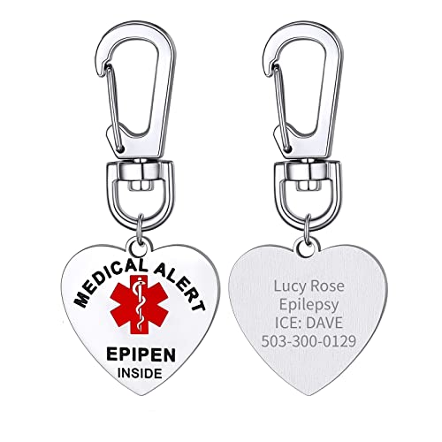 Supcare Medical Alert Edelstahl Kreis ID Tag Schlüsselbund Emergency SchlüSselring Epilepsie Schlüsselanhänger Herzform mit Gravur Silber von Supcare