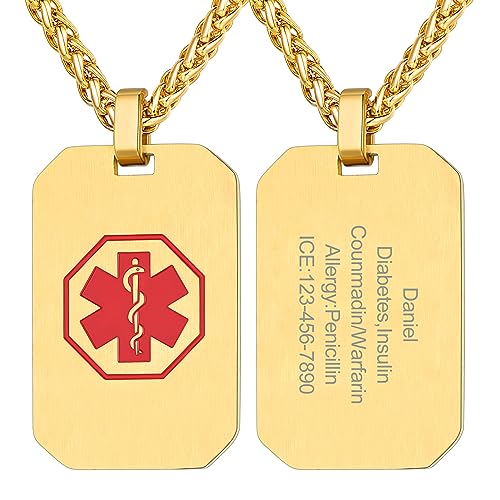 Supcare Men Necklace Custom Dog Tag SOS Notfall Halskette Gold Kette Lasergravur Anhänger Militär Armee Halsschmuck Hundemarke Kettenanhänger Medical Personalisiert Modeschmuck für Ehemann von Supcare