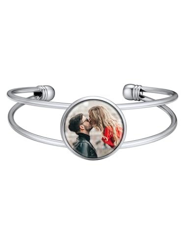 Supcare Öffnen Armband mit Gravur Damen Silberarmband mit Rund Foto Armband Fotoarmbänder Kupfer Armband Schmuck Armreifen Bracelet Women Memorial Armbänder Personalisiert Modeschmuck für Mutter von Supcare