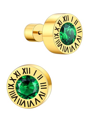 Supcare Ohrringe Damen Herren Gold Ohrstecker mit Römischen Ziffern Geburtsstein Smaragd Ohrring Wikinger Edelstahl Ohrringe Creolen Stud Earring Punk Piercing Ohr Ohrschmuck Modeschmuck für Mutter von Supcare