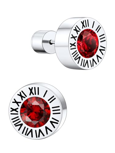 Supcare Ohrringe Herren Silber Ohrstecker mit Römischen Ziffern Geburtsstein Granat Ohrring 6MM Runde Edelstahl Ohrringe Wikinger Creolen Stud Earring Punk Piercing Ohr Modeschmuck für Halloween von Supcare