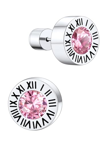 Supcare Ohrringe Herren Silber Ohrstecker mit Römischen Ziffern Geburtsstein Rosa Turmalin Edelstahl Ohrringe Creolen Stud Earring Punk Piercing Ohr Ohrschmuck Modeschmuck für Halloween von Supcare