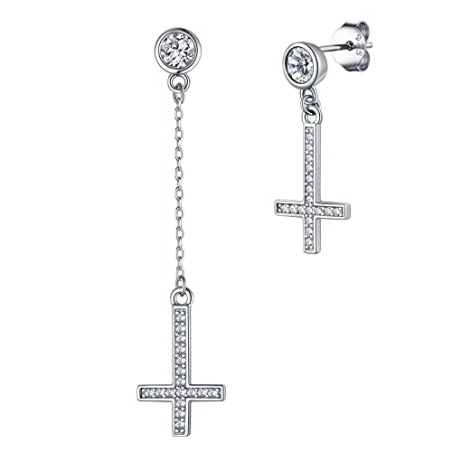 Supcare Mädchen Ohrringe aus Silber 925 Asymmetrische Ohrstecker mit umgekehrtem Kreuz Männer Christliche Zirkonia-Ohrschmuck religiöses Geschenk für Herren Damen von Supcare