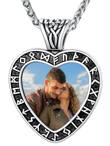 Supcare Personalisiert Kette mit Luhn Rune Damen Frauen Herz Halskette Foto Anhänger Edelstahl Herzkette Fotoanhänger Kette Gravur Silber Fotokette Memorial Herzanhänger Modeschmuck für Freundin von Supcare