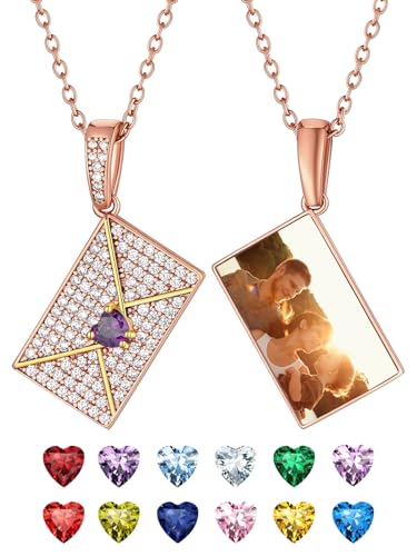 Supcare Umschlag Kette mit Bild Damen Personalisiert Kette mit Foto Anhänger Halskette Rosegold Briefumschlag Fotokette Umschlagkette mit Geburtsstein Kette mit Liebesbrief CZ Schmuck für Verlobung von Supcare