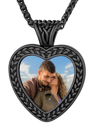 Supcare Schmuck Damen Herren Herz Schwarz Kette Jungen Anhänger Olivenblatt Foto Halskette Herzkette Fotokette Memorial Kette mit Gravur Text Kettenanhänger mit Bilder Modeschmuck für Jahrestag von Supcare