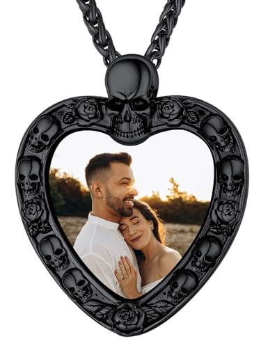 Supcare Schwarz Halskette Kette für Herren Rosenspitze Fotokette Edelstahl Herz Anhänger Kette mit Gravur Kettenanhänger mit Schädel Memorial Herzkette Personalisiert Modeschmuck für Ehemann von Supcare