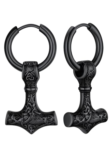 Supcare Schwarz Ohrring Herren Viking Ohrring mit Thors Hammer Ohrhänger Edelstahl Ohrring Männer Thorshammer Creolen Hängeohrringe Wikinger Keltisch Mjölnir Ohrpiercing Ohrschmuck für Oktoberfest von Supcare