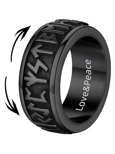 Supcare Schwarz Ring für Jungen Wikinger Ring Tungsten Runa Runen Fingerring Edelstahl Anime Ring Gravur Drehbar Anxiety Ringe Fidget Spinnerring Anti-Stress Ring Modeschmuck für Herren Männer von Supcare