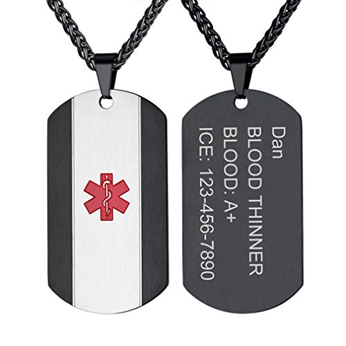 Supcare Schwarz SOS Notfall Kette Männer Custom Dog Tag Necklace Men Gravurplatte Ketten mit Anhänger Halskette Medical Alert ID Kettenanhänger Edelstahl Gravur Personalisiert Modeschmuck für Opa von Supcare