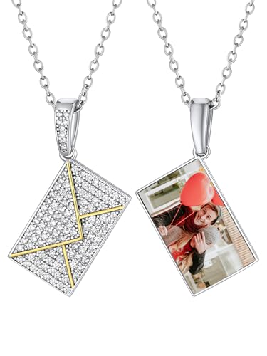 Supcare Silber Kette Personalisiert Mädchen Schmuck Medaillons für Damen Umschlag Halskette Anhänger Fotokette Umschlagkette Memorial Kette mit Bild CZ Envelope Locket Necklace Schmuck für Freundin von Supcare