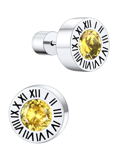 Supcare Silber Ohrringe Herren Ohrstecker Männer Römischen Ziffern Geburtsstein Ohrring Gelbtopas Creolen Cool Cubic Zirconia Stud Earring Mens Rock Ohr Piercing Ohrring Ohr Schmuck für Vatertag von Supcare