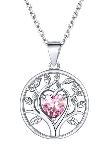 Supcare Silberkette Damen 925 mit Anhänger Lebensbaum Halskette Baum des Lebens Kette mit Geburtsstein Kettenanhänger Synthetic Rosa Turmalin Tree of Life Necklace Modeschmuck für Party Oma von Supcare