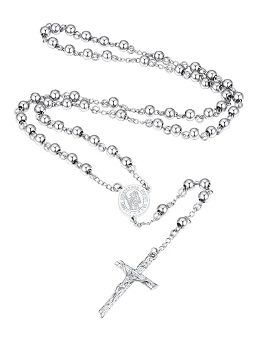 Supcare Silberkette Gebetskette Christlich Edelstahlkette Damen Christophorus Kette Jesus Kreuz Kette Rosenkranz Katholische Halskette Rosary Religiöse Kruzifix Anhänger Necklace Schmuck für Mutter von Supcare