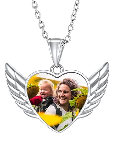 Supcare Silberkette mit Anhänger für Mädchen Halskette Herz Fotoanhänger Kette mit Gravur Text Bilder Kettenanhänger Flügel Fotokette Memorial Kette Personalisiert Modeschmuck für Muttertag von Supcare