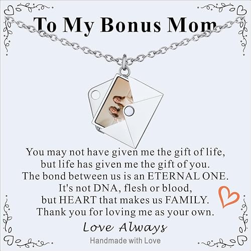 Supcare Stiefmutter-Exklusive Maßgeschneiderte Umschlag-Halskette mit Bild, Personalisierte Halskette Damen, Individualisierbares Foto + Lasergravur, Kette mit Foto inkl. Karte und Schmuckkästchen von Supcare