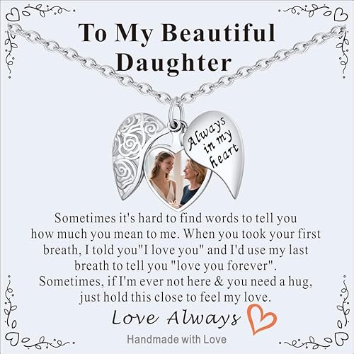 Supcare Tochter-Exklusive Kette mit Bild, 50+5 cm Amulett zum Öffnen mit Herz-Lochmuster, Anpassbares Foto + Lasergravur, Allergiefreie Ketten für Mädchen, Inklusive Herzkarte und Schmuckkästchen von Supcare