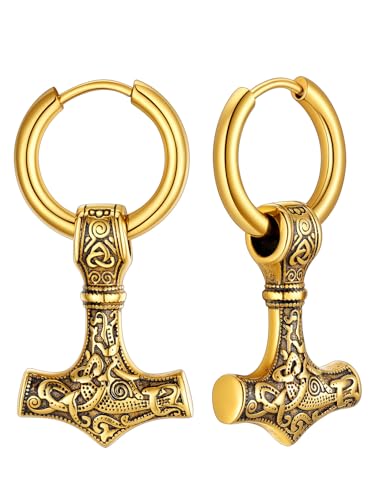 Supcare Viking Thors Hammer Mjöllnir Ohrring Herren Edelstahl Gold Thorshammer Creolen Hängeohrringe Männer Wikinger Keltisch Earring Piercing Ohr Schmuck für Karneval von Supcare