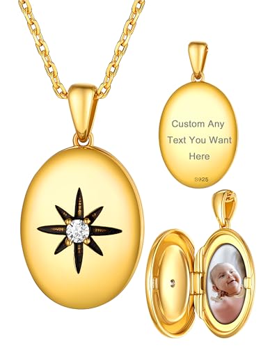 Supcare Vintage Kette Foto Halskette mit Anhänger Damen Medaillon zum Öffnen für Bilder Custom Oval Gold Locket mit Nordstern S925 26cm Necklace Amulett Charm Personalisiert Schmuck für Alltag von Supcare