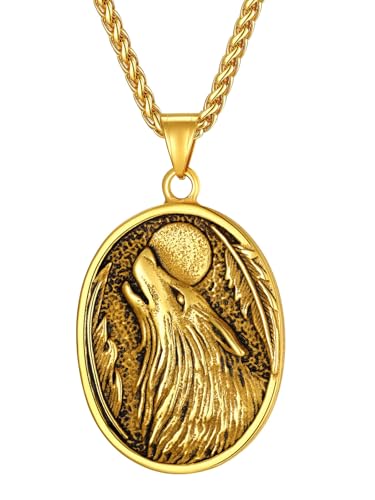 Supcare Wikinger Herren Kette mit Anhänger Herren Halskette Wikinger Runen Wolf Anhänger Gold Wolfskopf Kettenanhänger Ovalanhänger mit Runenkompass Edelstahl Glücksbringer Modeschmuck für Hochzeit von Supcare