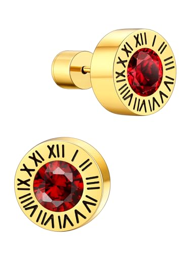 Supcare Wikinger Ohrringe Herren Römisch Ziffer Ohrstecker mit Geburtsstein Granat Ohrring Creolen Gold 6MM Runde Edelstahl Ohrringe Stud Earring Mens Rock Ohr Piercing Modeschmuck für Vatertag von Supcare