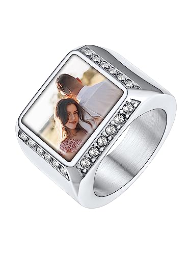 Supcare personalisierter Quadrat Zirkonia Siegelring Gravur mit Foto Edelstahl benutzerdefiniert Foto Ring für Männer Frauen Memorial Silberring Modeschmuck für Geburtstag Weihnacht von Supcare