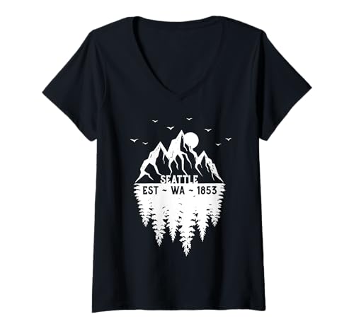 Damen Seattle, Washington, gegründet 1853, Souvenir mit Bergen, Bäumen T-Shirt mit V-Ausschnitt Damen Seattle, Washington, gegründet 1853, Souvenir mit Bergen, Bäumen T-Shirt mit V-Ausschnitt von Super Cities Across America