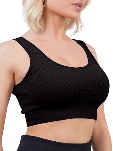 Super Eagle® Damen Gerippter Longline Sport BH Nahtloser Komfort Crop Top BH mit breiten Trägern für Laufen Gym Yoga, Schwarz , S/M von Super Eagle