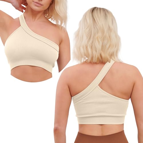 Super Eagle® Einschultriger Sport-BH für Damen, Stretch, bauchfreies Top, Weste, Laufen, Activewear, Fitness, drahtlos, hohe Belastung, gerippt, lang, nahtlos, Fitnessstudio, Workout, beige, L/XL von Super Eagle