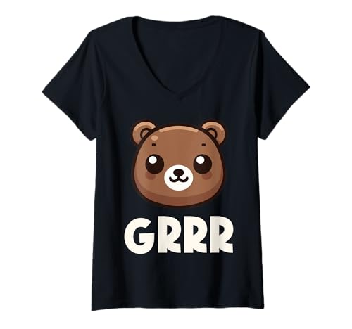 Damen Niedlicher Kawaii-Bär GRR Kinder Jungen Mädchen Grafik T-Shirt mit V-Ausschnitt Damen Niedlicher Kawaii-Bär GRR Kinder Jungen Mädchen Grafik T-Shirt mit V-Ausschnitt von Super Kawaii Creations