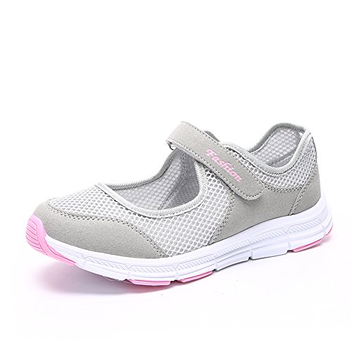 Damen Outdoor Fitnessschuhe Atmungsaktive Mesh Schuhe Sport Slipper mit Klettverschluss, Grau, 38 EU von Super Lee